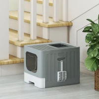 PawHut Cat Litter Box with Lid, Slide-Out Drawer, Scoop, Easy Clean, Odour Control, Anti-Splashing, Grey(m-8)