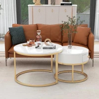 Set 2 tavolini moderni annidati in metallo effetto oro, 70x70x48 cm/50x50x43.5 cm, Bianco(m-4)