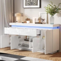 Mobile credenza a LED con 2 cassetti e 4 ante, 140x35x72.5 cm, Bianco(m-5)