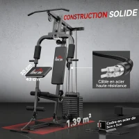 HOMCOM Station de musculation avec barre de traction et butterfly, poulie et extenseur de jambes – 12 poids de 65 kg en tout – appareil de musculation à domicile(m-6)