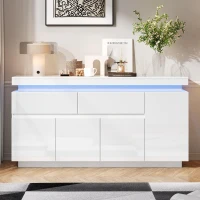 Mobile credenza a LED con 2 cassetti e 4 ante, 140x35x72.5 cm, Bianco(m-4)