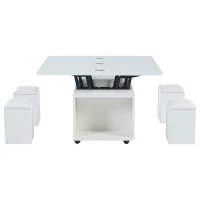 Tavolino multiuso con 4 sgabelli nascosti, 100x50x45 cm, Bianco(m-8)