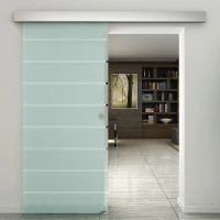 HOMCOM 90cm Sliding Glass Door with Hardware Track Kit, Frosted Tempered Glass with Stripe Pattern, Round Handle(m-10)