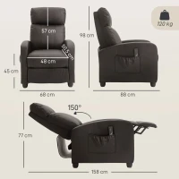 HOMCOM Recliner Armchair, Massage Faux Leather Push Back Reclining Chair with Adjustable Leg Rest, Side Pocket, for Home Living Room Theatre, Brown(m-3)