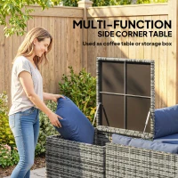 Outsunny 4 Piece Rattan Garden Furniture Set, Outdoor Corner Sofa Set with Storage Table, Loveseats, Cushions - Dark Blue(m-4)