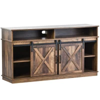 Mobile TV in stile country con ante da fienile, 2 armadietti e 2 ripiani aperti, 148x40x78 cm, Marrone(m-7)