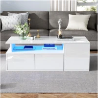 Tavolino da salotto a LED con 2 cassetti e ripiani semiaperti, 100x50x35 cm, Bianco(m-4)