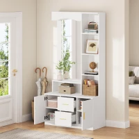 Mobile da ingresso multiuso con specchio e scarpiera, 2 cassetti e 2 ante, 90x40x180 cm, Bianco(m-5)