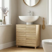 HOMCOM Móvel para Lavatório, Recorte em U, Portas com Ripas, Prateleira Ajustável, Abertura por Pressão, 60x30x60cm, Natural(m-5)