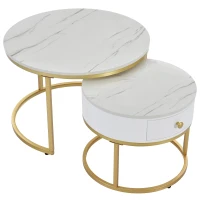 Set 2 tavolini moderni annidati in metallo effetto oro, 70x70x48 cm/50x50x43.5 cm, Bianco(m-7)