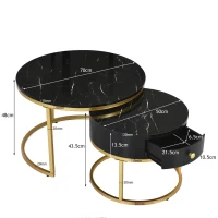 Set 2 tavolini moderni annidati in metallo effetto oro, 70x70x48 cm/50x50x43.5 cm, Nero(m-3)