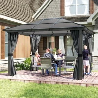 Outsunny 3 x 3.6m Hardtop Gazebo Canopy with Polycarbonate Roof, Aluminium Frame, Permanent Pavilion Garden Gazebo with Netting and Curtains for Patio, Deck, Dark Grey(m-10)