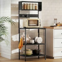 HOMCOM Estante de Cozinha com Tomada Múltipla para Micro-ondas com Prateleiras e Ganchos Estilo Industrial, Madeira e Aço, Preto(m-2)