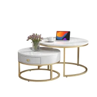 Set 2 tavolini moderni annidati in metallo effetto oro, 70x70x48 cm/50x50x43.5 cm, Bianco(m-6)