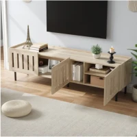Mobile basso con ante a lamelle, foro passacavi e gambe in metallo, 160x40x47 cm, Color legno(m-1)