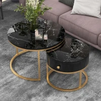 Set 2 tavolini moderni annidati in metallo effetto oro, 70x70x48 cm/50x50x43.5 cm, Nero(m-5)