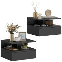 HOMCOM Juego de 2 Mesitas de Noche Flotantes, Mesillas de Noche Dormitorio con Cajón, Estante Abierto, Ahorra Espacio, Diseño Moderno, para Sala de Estar, 35x32x22,5 cm, Negro(m-10)