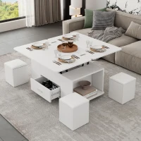 Tavolino multiuso con 4 sgabelli nascosti, 100x50x45 cm, Bianco(m-5)