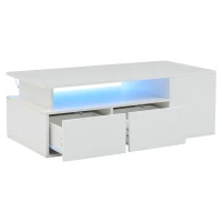 Tavolino da salotto a LED con 2 cassetti e ripiani semiaperti, 100x50x35 cm, Bianco(m-7)