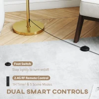 HOMCOM Floor Lamp with Remote, Height Adjustable Standing Lamp with Linen Shade, Dimmable with 3000K-6000K Adjustable Colour Temperatures, Foot Switch for Living Room Bedroom Office, Gold Tone(m-5)