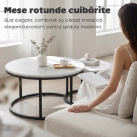 HOMCOM Set de 2 măsuțe de cafea rotunde suprapuse din metal și MDF cu efect de marmură, gri și negru(m-4)