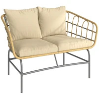 Outsunny Divano da Giardino 2 Posti in Resina Intrecciata con Cuscini Spessi, Antiscivolo, 120x67x79 cm, Marrone(m-8)
