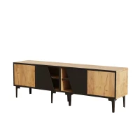 Mobile TV basso con 4 ripiani e 7 piedini, 160x36.5x45 cm, Color legno e Nero(m-6)