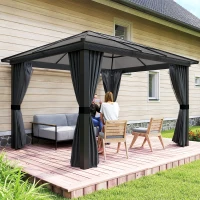 Outsunny 3 x 3.6m Hardtop Gazebo Canopy with Polycarbonate Roof, Aluminium Frame, Permanent Pavilion Garden Gazebo with Netting and Curtains for Patio, Deck, Dark Grey(m-11)
