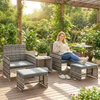 Outsunny 6 Piece Rattan Garden Furniture, Space-Saving Patio Furniture Set with Nesting Tables, Chairs, Stools, Cushions, Grey(m-2)