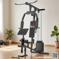 HOMCOM Kraftstation für Zuhause Fitnessstation mit Latzuggerät, Kabelzug, kurzer Bizepsstange, Brustpresse, Beintrainer, Butterfly-Maschine 45kg Gewichten Multifunktion Fitnessstation Schwarz(m-9)