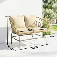 Outsunny Divano da Giardino 2 Posti in Resina Intrecciata con Cuscini Spessi, Antiscivolo, 120x67x79 cm, Marrone(m-3)