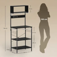 HOMCOM Estante de Cozinha com Tomada Múltipla para Micro-ondas com Prateleiras e Ganchos Estilo Industrial, Madeira e Aço, Preto(m-3)