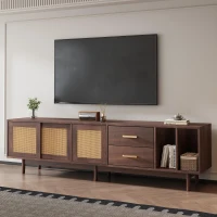 Mobile TV basso con ante in rattan, 3 ante e 2 cassetti, 190x40x52 cm, Marrone(m-1)