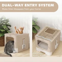 PawHut Cat Litter Box with Lid, Slide-Out Drawer, Scoop, Easy Clean, Odour Control, Anti-Splashing, Khaki(m-7)
