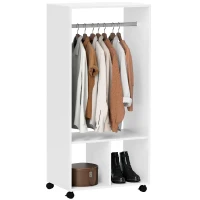 HOMCOM Open Wardrobe on Wheels, Bedroom Wardrobe with Clothes Hanging Rail, 2 Storage Shelves, Mobile Garment Rack for Cloakroom, Hallway, White(m-10)