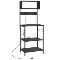 HOMCOM Estante de Cozinha com Tomada Múltipla para Micro-ondas com Prateleiras e Ganchos Estilo Industrial, Madeira e Aço, Preto(m-1)