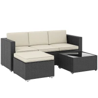 Outsunny Conjunto de Muebles de Ratán de Jardín Sofá de 3 Plazas Taburete y Mesa de Centro con Encimera de Cristal Negro(m-1)