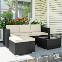 Outsunny Conjunto de Móveis de Vime de Jardim 3 Peças Sofá de 3 Lugares com Almofadas e Mesa de Centro com Bancada de Vidro Preto e Bege(m-8)