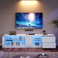 Mobile TV basso, illuminazione ambientale a LED, 2 cassetti, per soggiorno e camera da letto, 160L x 40P x 52A cm, Bianco(m-5)
