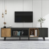 Mobile porta TV con anta in vetro ribaltabile e foro passacavi, 200x40x55.5 cm, Grigio e Marrone(m-4)