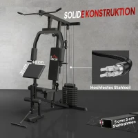 HOMCOM Kraftstation für Zuhause Fitnessstation mit Latzuggerät, Kabelzug, kurzer Bizepsstange, Brustpresse, Beintrainer, Butterfly-Maschine 45kg Gewichten Multifunktion Fitnessstation Schwarz(m-6)