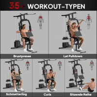 HOMCOM Kraftstation für Zuhause Fitnessstation mit Latzuggerät, Kabelzug, kurzer Bizepsstange, Brustpresse, Beintrainer, Butterfly-Maschine 45kg Gewichten Multifunktion Fitnessstation Schwarz(m-4)