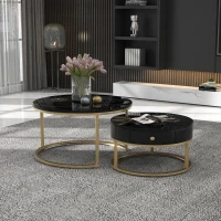 Set 2 tavolini moderni annidati in metallo effetto oro, 70x70x48 cm/50x50x43.5 cm, Nero(m-1)