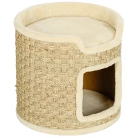 PawHut 37cm Cat Barrel Tower, Small Cat Tree for Indoor Cats with Plush Platform, Khaki(m-1)