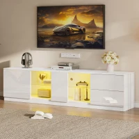 Mobile TV basso, illuminazione ambientale a LED, 2 cassetti, per soggiorno e camera da letto, 160L x 40P x 52A cm, Bianco(m-1)