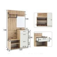 Mobile guardaroba con specchio e panca portascarpe, cassetto, 2 ante ribaltabili e 2 ripiani semiaperti, 100x38.5x190 cm, Bianco e Color legno(m-3)