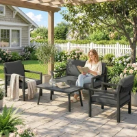 Outsunny 4 Seater Rattan Garden Furniture Set with 2 Armchairs, Loveseat, Coffee Table, Garden Sofa Set with Cushions, Dark Grey(m-8)