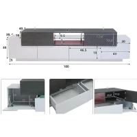 Mobile TV basso LED con illuminazione RGB, effetto marmo e ripiani in vetro, 180x40x45 cm, Grigio e Bianco(m-3)