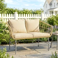 Outsunny Divano da Giardino 2 Posti in Resina Intrecciata con Cuscini Spessi, Antiscivolo, 120x67x79 cm, Marrone(m-6)