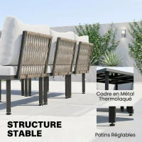 Outsunny Salon de jardin extérieur d'angle modulable 6 personnes, table basse avec plateau en verre trempé, gris clair(m-6)